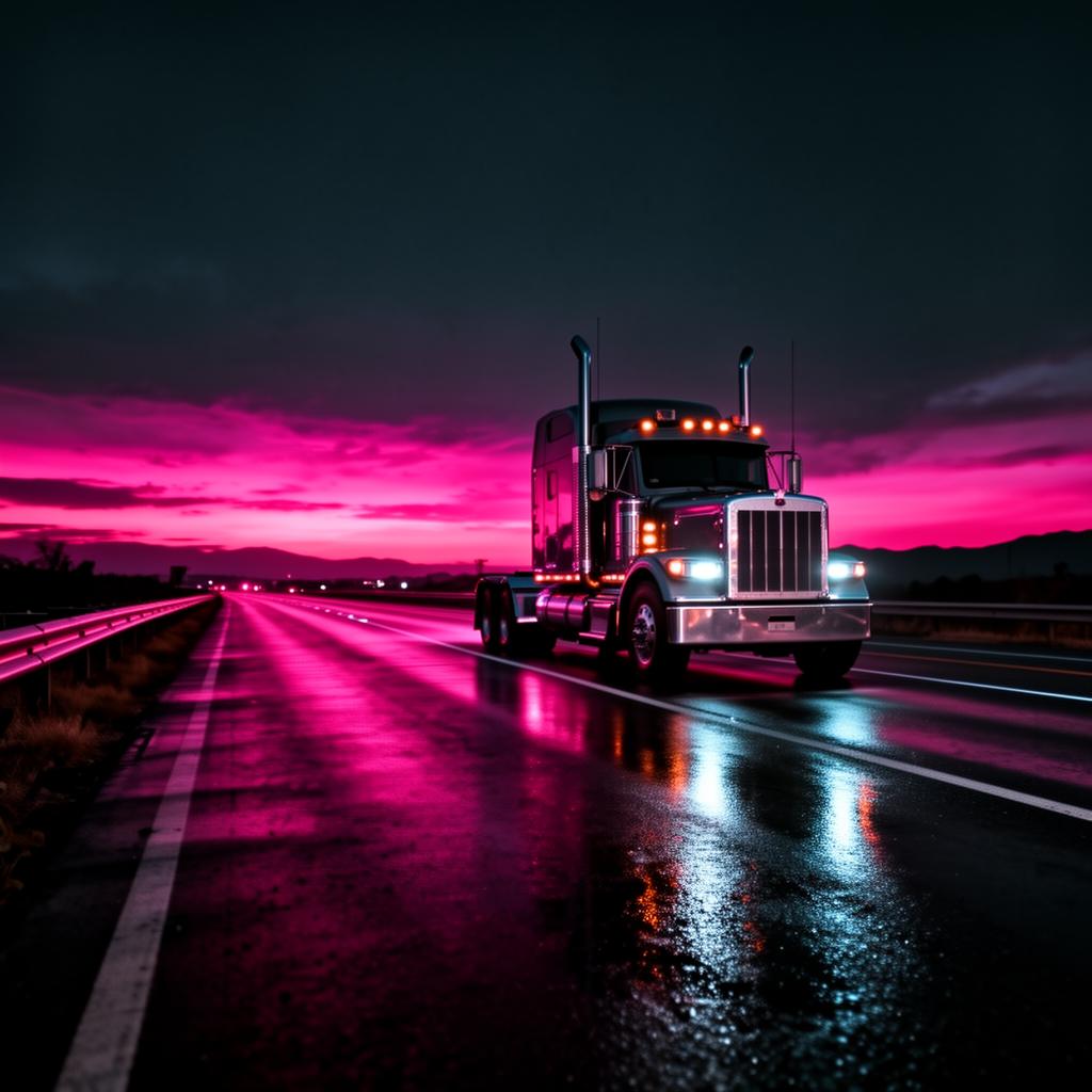 Neon-lit highway with chrome semi-truck at sunset